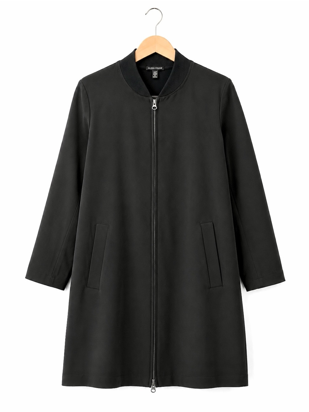 Eileen Fisher Long Bomber Flight Jacket Black XS Recycled Stretch